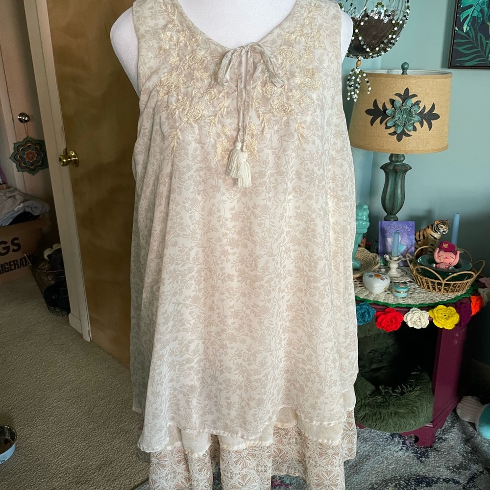 Xhilaration Cream Floral Tiered Sundress with Tassel Tie